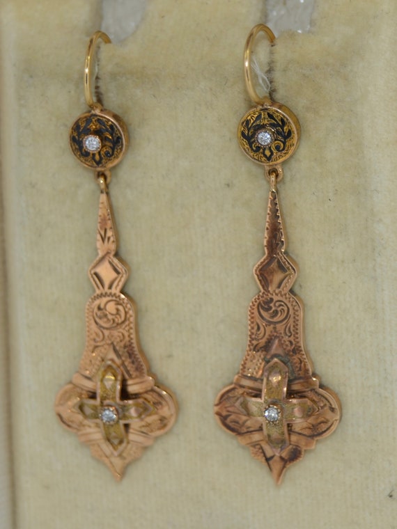 Victorian Diamond & Enamel 12K Earrings - image 3