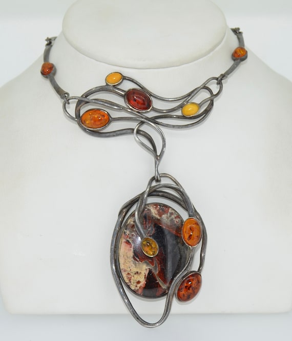 Mid Century Sterling Silver Amber & Jasper Neckla… - image 2