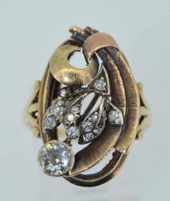 Stunning 14k Art Nouveau & Diamond Cocktail Ring - image 4