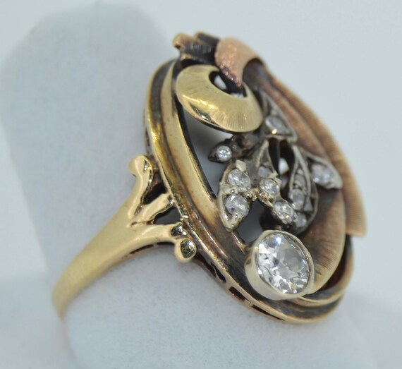 Stunning 14k Art Nouveau & Diamond Cocktail Ring - image 10