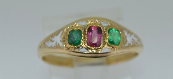 Victorian 14K White Enamel Garnet and Emerald Ring - image 5
