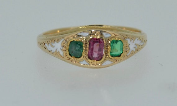 Victorian 14K White Enamel Garnet and Emerald Ring - image 1