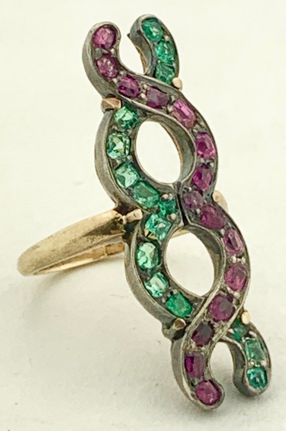 Victorian 14K & Sterling Emerald and Ruby DNA Ring - image 8