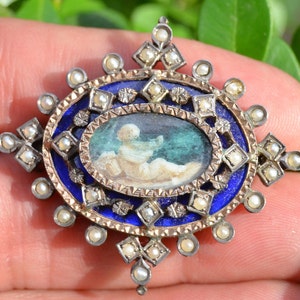 Viktorianische 14K & Sterling Silber Emaille handbemalte Cherub Brosche
