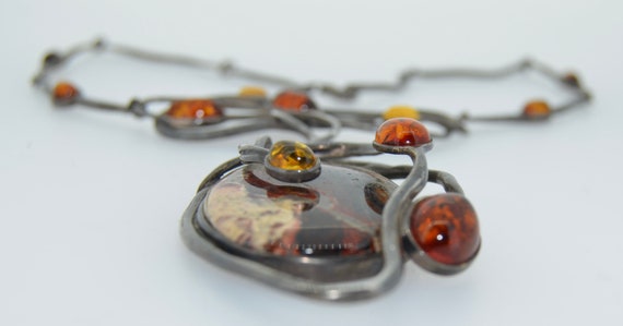 Mid Century Sterling Silver Amber & Jasper Neckla… - image 5