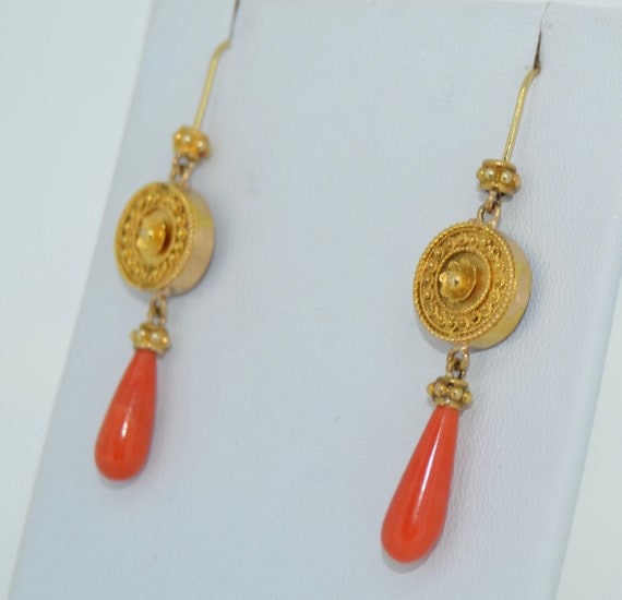 Etruscan Revival 14K Coral Drop Earrings - image 3