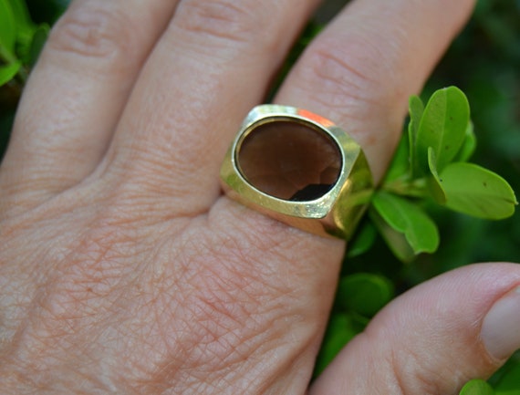 Chunky Retro 14K Smokey Quartz Ring - image 3