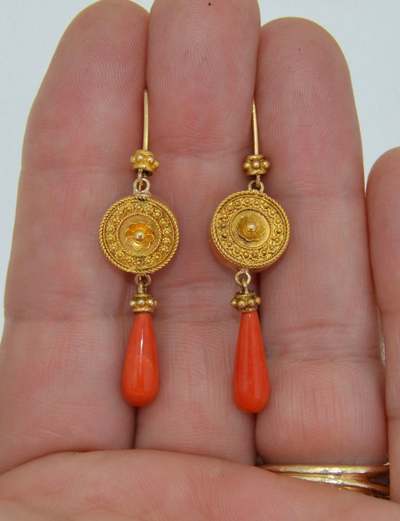 Etruscan Revival 14K Coral Drop Earrings - image 2