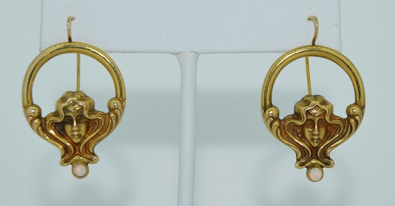 14K & Opal Art Nouveau Style Hoop Earrings - image 2