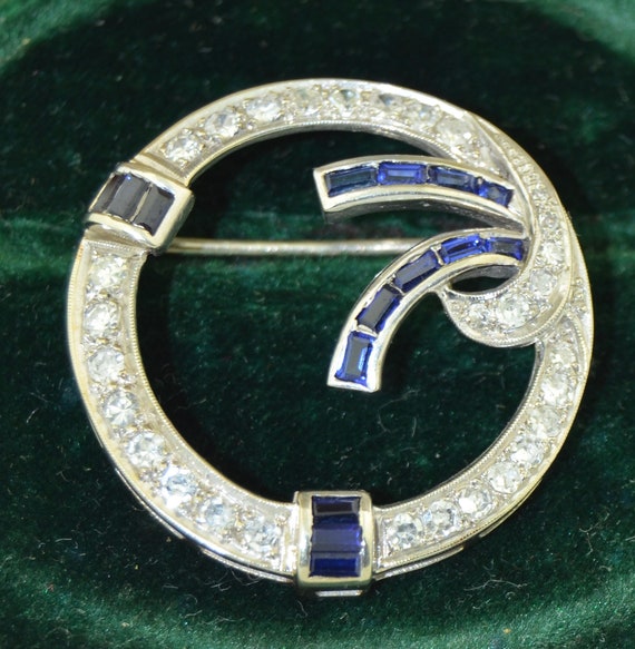 18k White Gold Diamonds & Sapphires Brooch - image 1