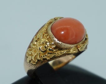 Chinese 22K & 14K Double Lion and Coral Ring