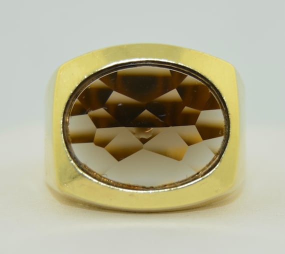 Chunky Retro 14K Smokey Quartz Ring - image 2