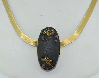 Antique Shakudo Pendant with a Silver Gilt Herringbone Chain