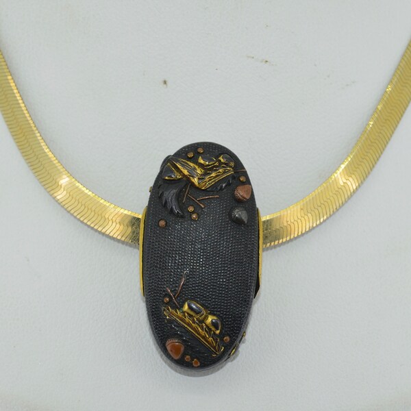 Antique Shakudo Pendant with a Silver Gilt Herringbone Chain