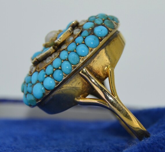 Unusual Victorian Pave Turquoise & Pearl Flower R… - image 4