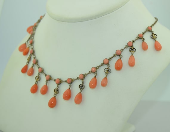 Victorian 800 Gilt Silver Coral Ring Drop Necklace - image 3