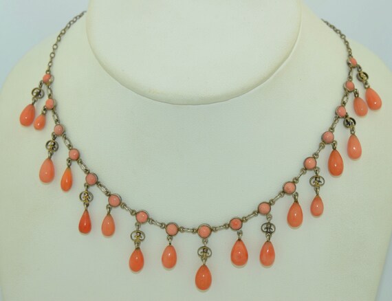 Victorian 800 Gilt Silver Coral Ring Drop Necklace - image 10