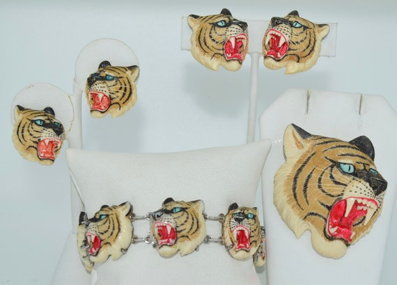 8 PC. Sterling Silver Hand Painted Tiger Set Earr… - image 1