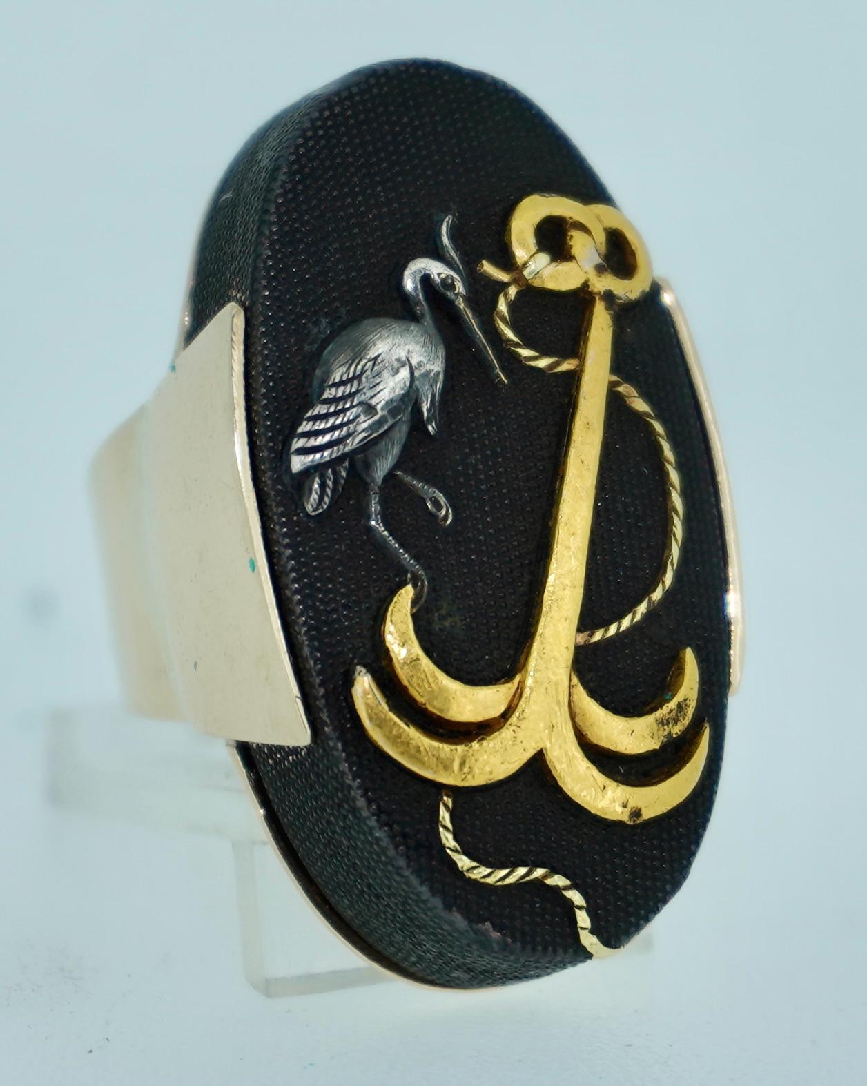 Fabulous 14K Kashira Shakudo Anchor & Egret Ring - Etsy