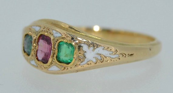 Victorian 14K White Enamel Garnet and Emerald Ring - image 3