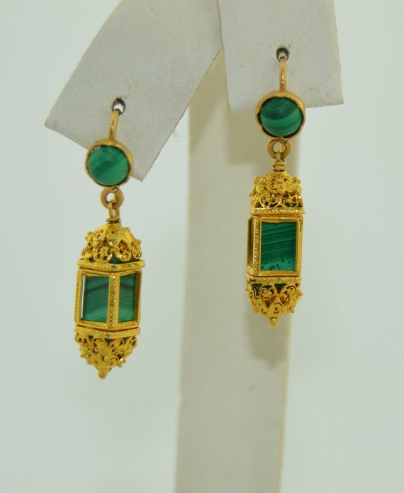 Antique 21K Malachite Dangle Drop Earrings