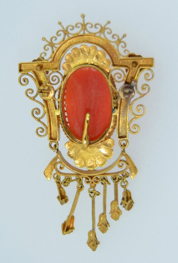 18K Victorian Etruscan Revival Coral Cameo Brooch - image 10