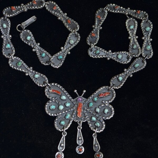 RESERVED for Gwen. Vintage Taxco Mexican Sterling Silver Butterfly Necklace with Turquoise & Coral