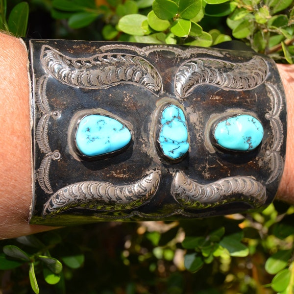 Zuni Sterling silver Turquoise & Leather Bracelet from the Charles Garrett Wallace Collection