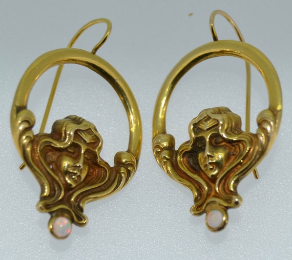 14K & Opal Art Nouveau Style Hoop Earrings - image 1