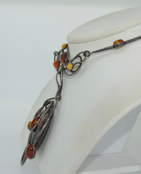 Mid Century Sterling Silver Amber & Jasper Neckla… - image 3