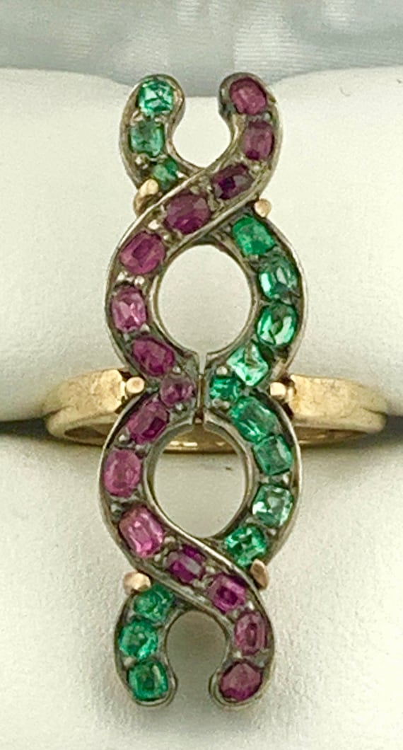 Victorian 14K & Sterling Emerald and Ruby DNA Ring - image 3