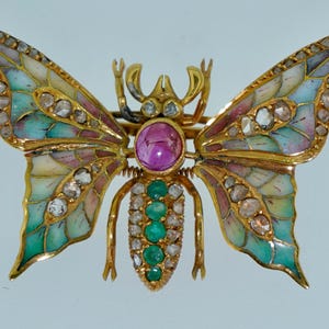 Art Nouveau 14K Plique a Jour En Tremblant Butterfly Brooch