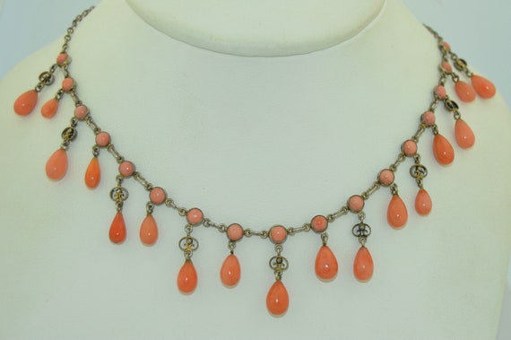 Victorian 800 Gilt Silver Coral Ring Drop Necklace - image 2