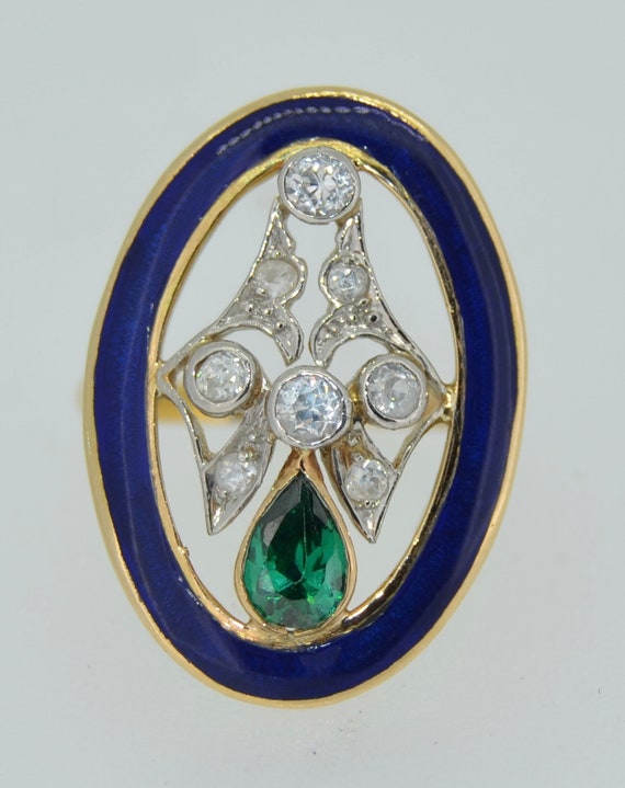 Art Deco 18K Green Tourmaline Diamond & Enamel Rin