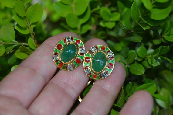 18K Emerald Diamond & Enamel Earrings