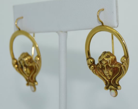 14K & Opal Art Nouveau Style Hoop Earrings - image 8