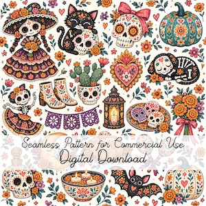 Puede incluir: Un patrón continuo con calaveras de azúcar, un gato, un perro, una calabaza, una linterna, flores y un cactus. El texto dice Seamless Pattern for Commercial Use Digital Download. El diseño utiliza colores naranja, morado y azul verdoso.
