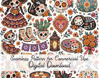 May include: A seamless pattern featuring Day of the Dead motifs including sugar skulls, a cat, a dog, a pumpkin, a lantern, flowers, and a cactus. The text reads Seamless Pattern for Commercial Use Digital Download. The design uses orange, purple, and teal.