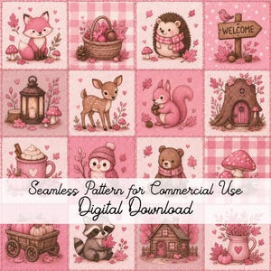 May include: A seamless pattern featuring pink-toned illustrations of woodland animals, including a fox, hedgehog, deer, squirrel, owl, bear, and raccoon, alongside autumn elements like mushrooms, a lantern, a wagon, and a house with text overlay.