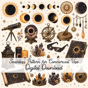 May include: A digital collection of celestial and mystical illustrations featuring suns, moons, eclipses, a telescope, a crystal ball, an armillary sphere, a sundial, candles, crystals, glasses, a book, a scroll, and charms on a light background.