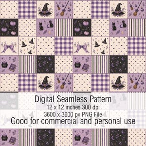May include: A digital seamless pattern featuring a patchwork grid of Halloween-themed illustrations including witch hats, black cats, pumpkins, brooms, cauldrons, and spellbooks in shades of purple, black, and cream with text stating 12 x 12 inches.