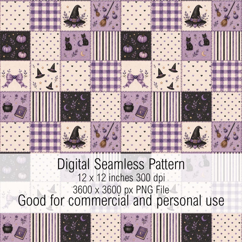 May include: A digital seamless pattern featuring a patchwork grid of Halloween-themed illustrations including witch hats, black cats, pumpkins, brooms, cauldrons, and spellbooks in shades of purple, black, and cream with text stating 12 x 12 inches.