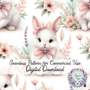Watercolor Rabbit Seamless Pattern: Pink Bow, Floral Design (Digital Download)