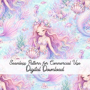 Puede incluir: Patrón digital sin costuras con sirenas, caballitos de mar y elementos acuáticos en tonos pastel rosa, morado y azul. El diseño incluye el texto "Seamless Pattern for Commercial Use Digital Download".