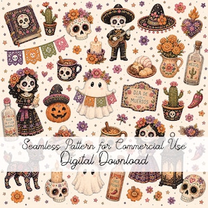 Puede incluir: Un patrón digital sin costuras con motivos del Día de los Muertos que incluye calaveras de azúcar, cempasúchil, cactus, un fantasma, un esqueleto tocando la guitarra, una calabaza, velas, botellas etiquetadas Mezcal y Agua de Flor Naranjo y un perro.