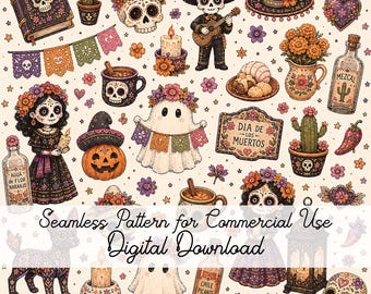 Mexican Halloween Watercolor Pattern, Sugar Skulls, Catrina, Marigolds (Digital Download)