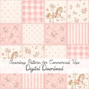 Puede incluir: Un patrón digital sin costuras con una cuadrícula de parches en cuadrados rosa claro y crema. Los diseños incluyen caballos de carrusel, rosas, cuadros vichy, lunares, rayas y corazones pequeños. Texto: Seamless Pattern for Commercial Use Digital Download.