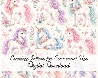 Pastel Unicorn Floral Watercolor Seamless Pattern (Digital Download)