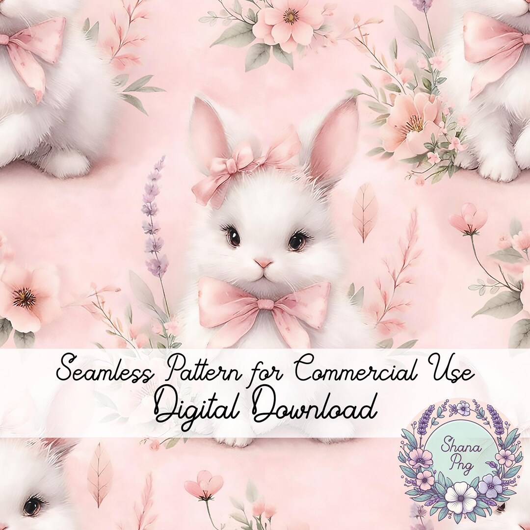 Watercolor Rabbit Seamless Pattern: Pink Bow, Floral Design (digital ...