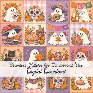 Op de afbeelding: Een digitaal naadloos patroon met zestien vierkante tegels met illustraties van geesten, suikerschedels, afrikaantjes, gitaren, pan de muerto en kaarsen. De tekst Seamless Pattern for Commercial Use Digital Download is eroverheen geplaatst.